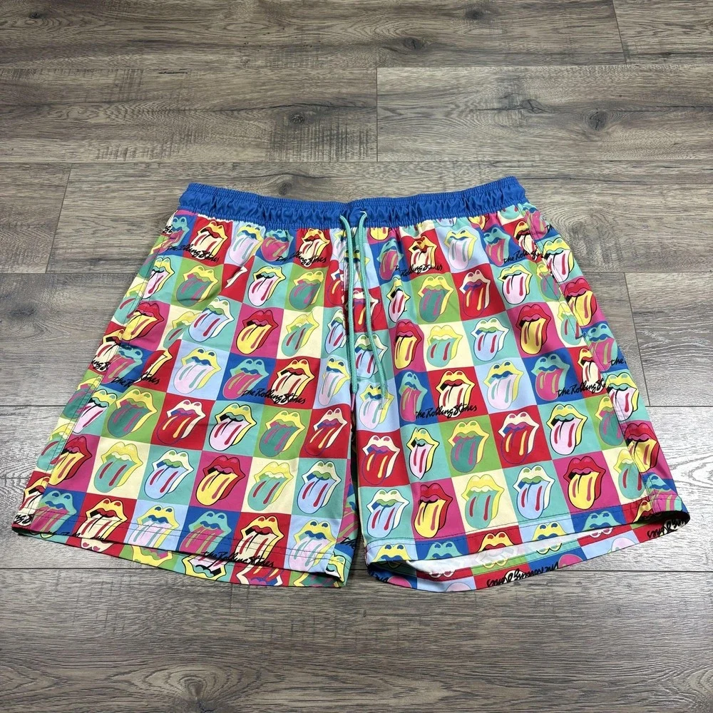 The Rolling Stones Swim Shorts Mens 2XL Multicolor Tongue Logo Band Swim‎ Trunks